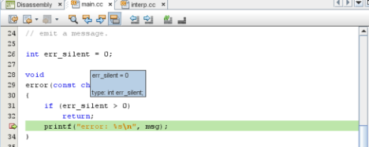 Editor window with balloon evaluation showing err_silent = 0