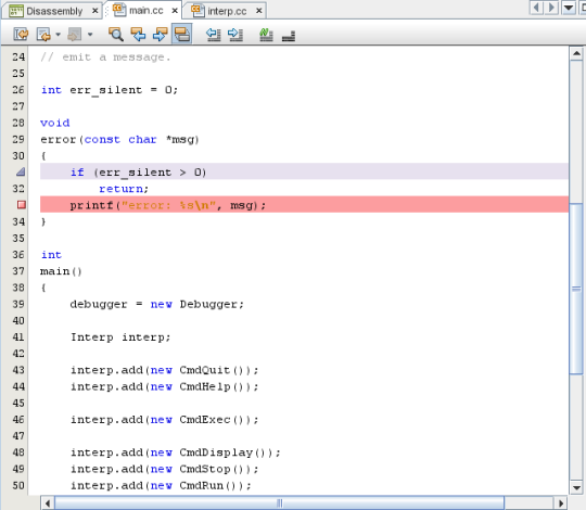 Editor window with lavender stripe on line 31 and breakpoint on line 33 Editor window with lavender stripe on line 31 and breakpoint on line 33