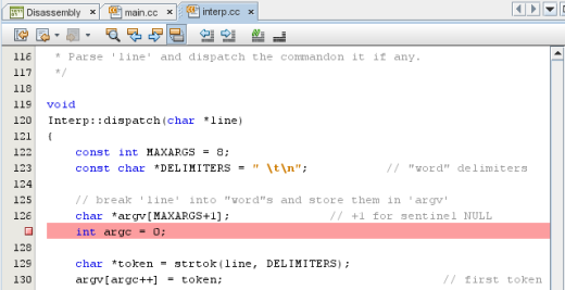 Editor window with line breakpoint on line 127 Editor window with line breakpoint on line 127