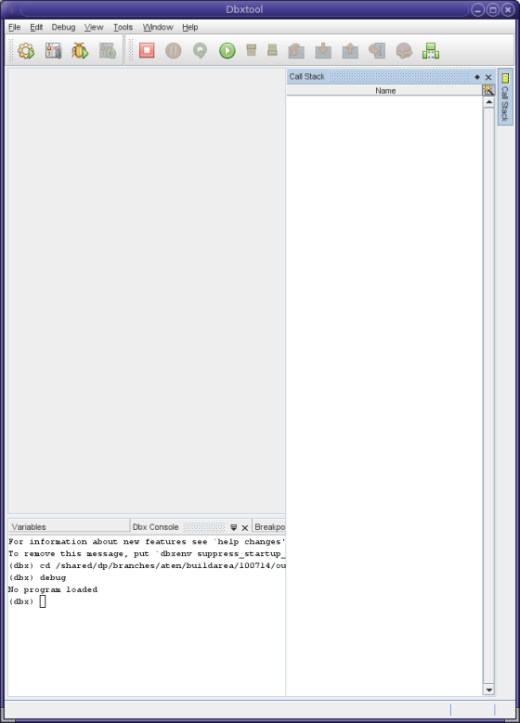 Half screen size dbxtool window with Call Stack window maximized Half screen size dbxtool window with Call Stack window maximized