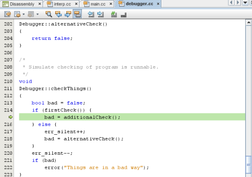 Editor window showing program stopped in if section of checkThings