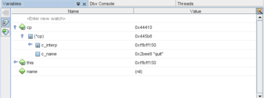 Variables window with nodes expanded
