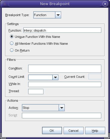 New breakpoint dialog box