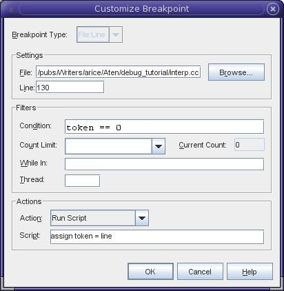 Custom breakpoint dialog box Custom breakpoint dialog box