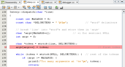 Editor window withbreakpoint on line 130 Editor window withbreakpoint on line 130