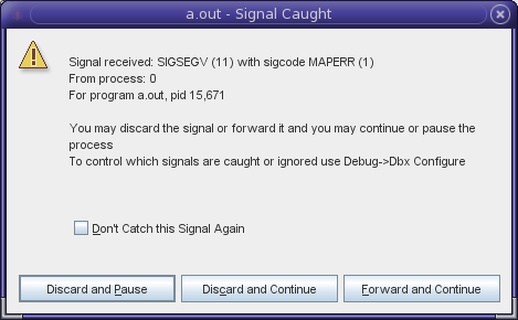 Signal Caught alert box displaying SEG Signal Caught alert box displaying SEG