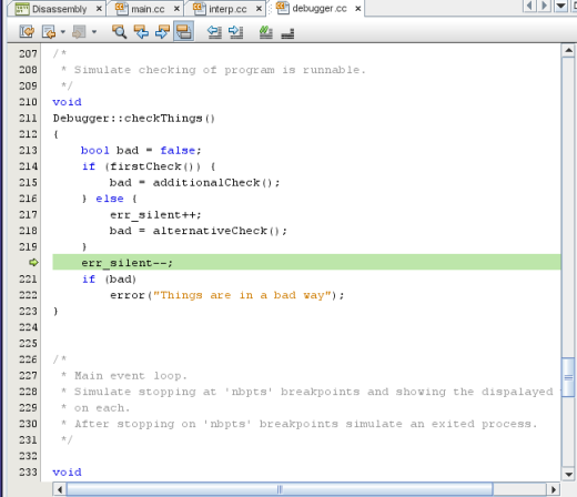 Editor windowshowing program stopped in checkThings