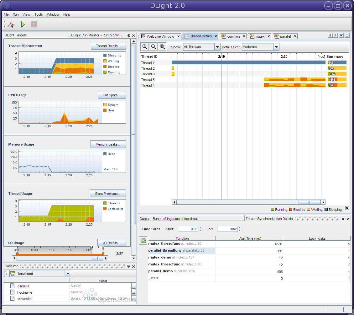 DLight window with C/C++/Fortran profiling tools
