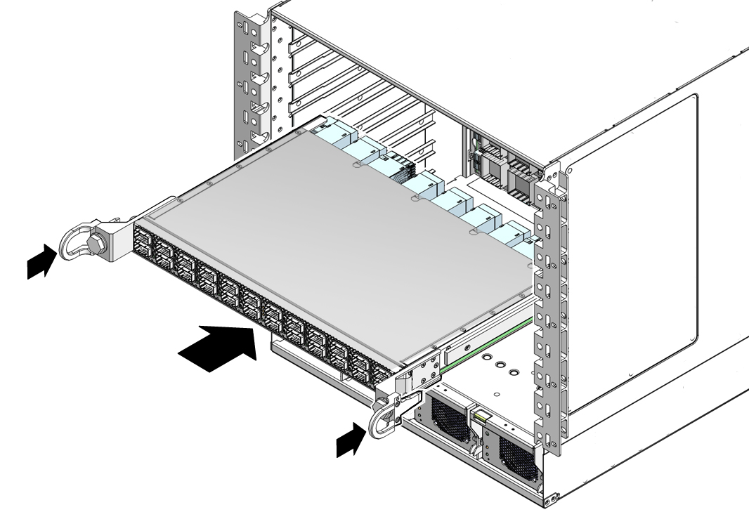 Illustration shows the line card being inserted.