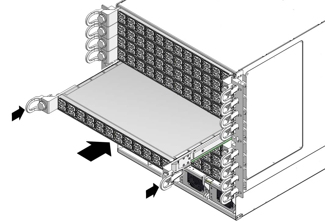 Illustration shows a line card being installed.