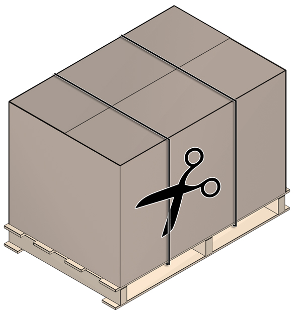 Illustration shows shipping straps being cut.