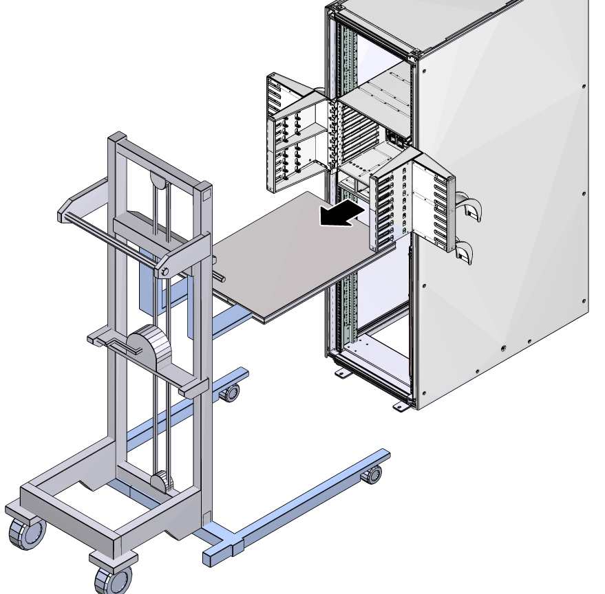 Illustration shows the lift backing away from the rack.