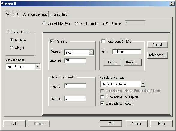 Shows Screen 0 tab with values filled in, such as Window Mode of Multiple, Panning checkbox checked, Cascade Windows checkbox checked, etc.