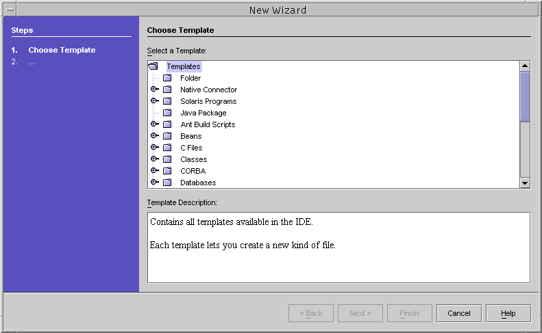 image:Dialog box that shows the New Wizard screen