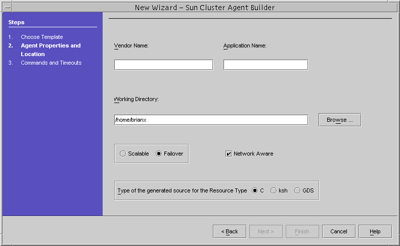 image:Dialog box that shows New Wizard Solaris Cluster Agent Builder screen when it first appears