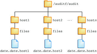 Diagram shows a default audit root directory whose top directory names are host names.