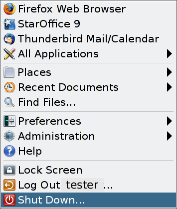 Graphic shows the Main Menu with the Shutdown item highlighted.