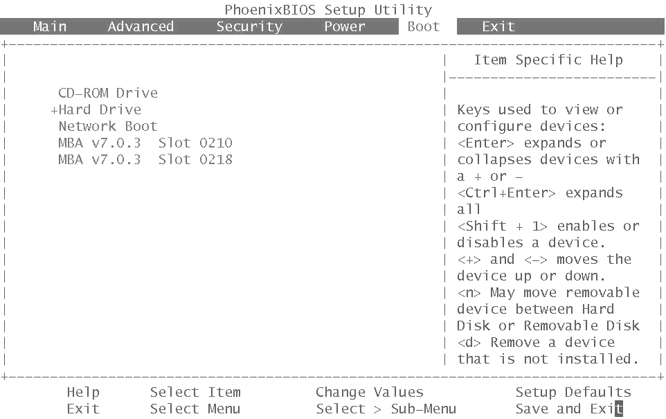 BIOS Setup Utility dialog box. This figure shows the hard drive being selected as the boot device and must therefore be changed.