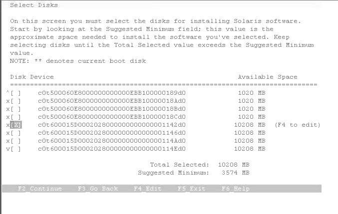 Solaris Interactive Installation (SunInstall) dialog box. This particular dialog box is used to select the disk for installing the Solaris OS.