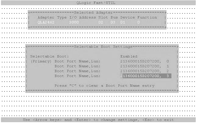 QLogic Corporation Inc. HBA BIOS dialog box. This dialog box is used to enable booting from the FC LUN.