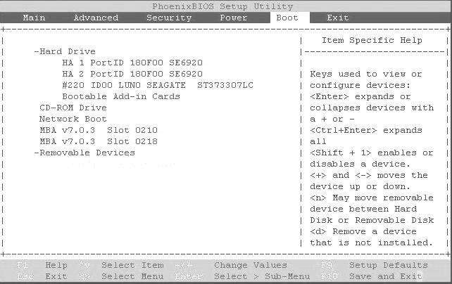 Phoenix Technologies Ltd. HBA BIOS dialog box. This dialog box is used to specify the boot device.