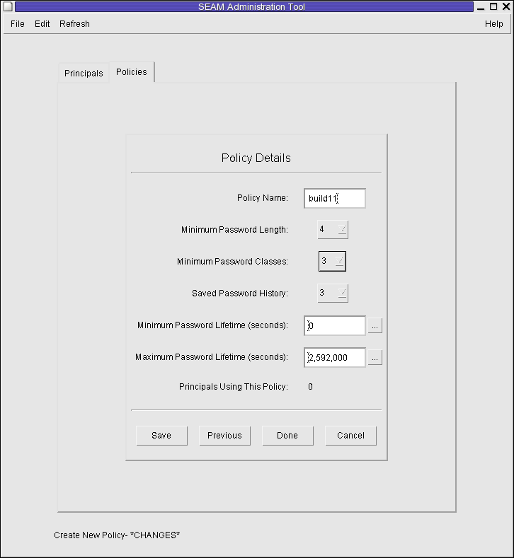 Dialog box titled SEAM Tool shows policy details of the build11 policy. Shows Save, Previous, Done, and Cancel buttons.