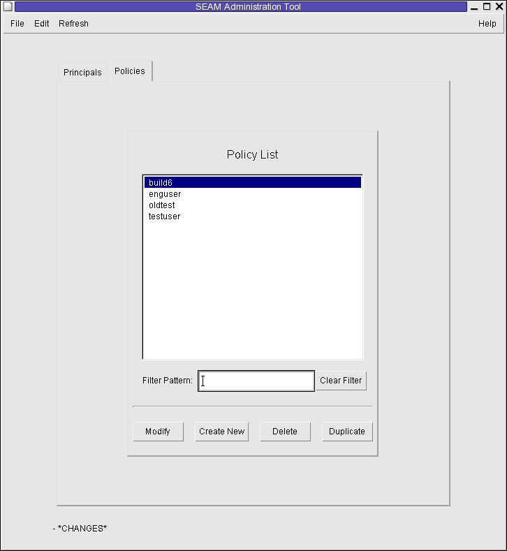 Dialog box titled SEAM Tool shows a list of policies and a policy filter. Shows Modify, Create New, Delete, and Duplicate buttons.