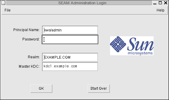 Dialog box titled SEAM Administration Login shows four fields for Principal Name, Password, Realm, and Master KDC. Shows OK and Start Over buttons.