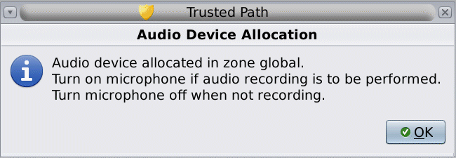 The graphic shows the dialog box that tells the user to turn off the microphone when not in use.