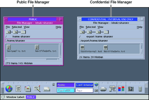 Illustration shows file managers at 2 different labels in the same workspace.