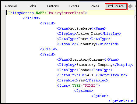 Policy Screen XML Source Pane