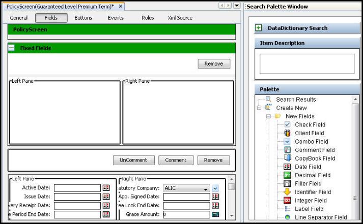 Fields Pane of PolicyScreen business rule