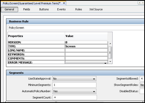 General Pane of PolicyScreen business rule