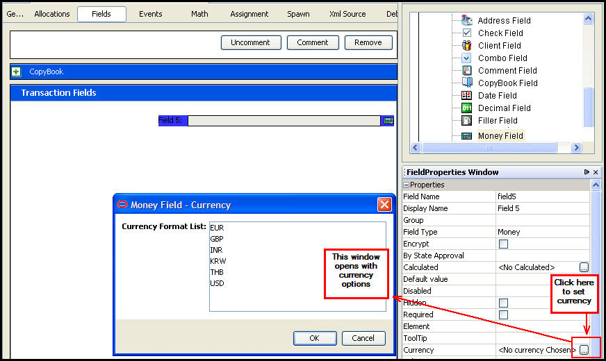 Activity level currency set in transaction field properties