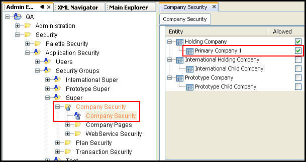 company security in Admin Explorer