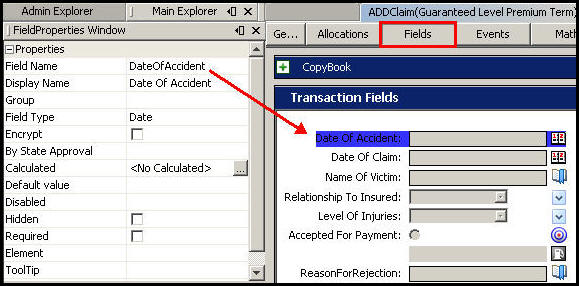 Field Pane with Field Properties Window Open