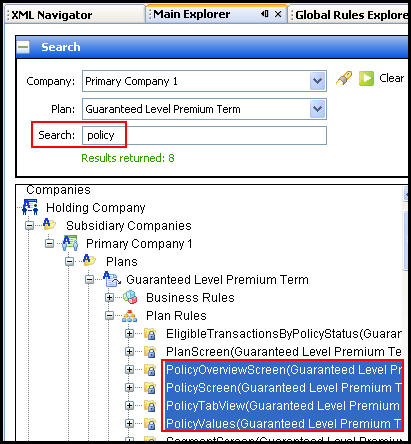 Search feature highlighting results of a search for policyscreen