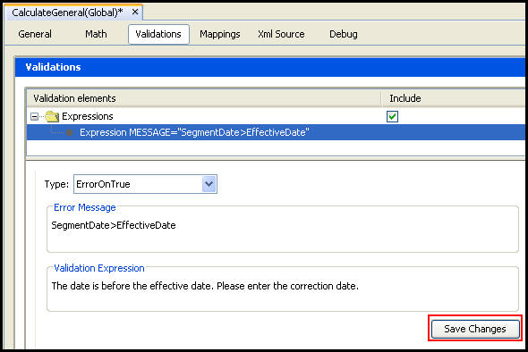 Validation pane with expression error message and validation