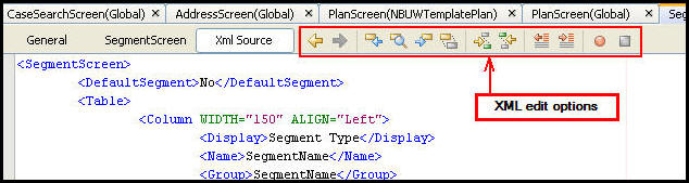 XML Edit options tool bar