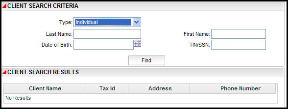 Client Search Screen with type highlighted