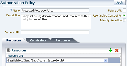 image:This screen shot shows an example authorization policy with two protected resources.