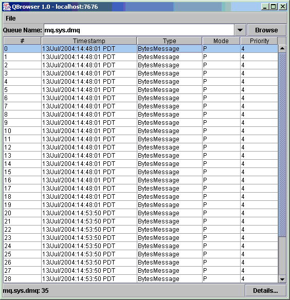 image:QBrowser showing messages for mq.sys.dmq. For each message, there is a number, time stamp, type, mode, and priority. 