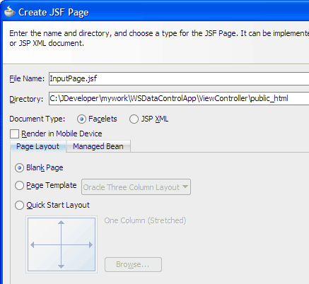 Create JSF Page dialog, InputPage