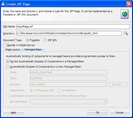 Create JSF Page dialog, Managed Bean tab