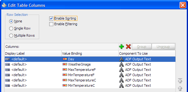 Edit Table Columns dialog