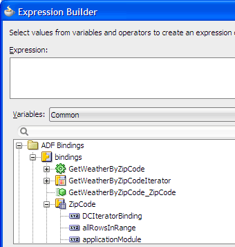 Expression Builder, ADF Bindings expanded