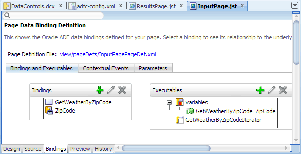 Bindings tab, InputPage.jsf