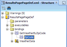 Structure window, ResultsPagePageDef, bindings expanded