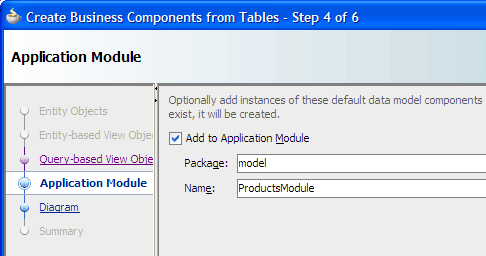 Create Business Components from Tables wizard, step 4