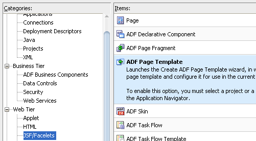 New Gallery, Web Tier, JSF, ADF Page Template